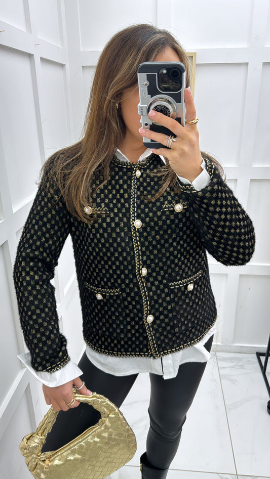 COCO black super soft cardigan with gold and pearl detail