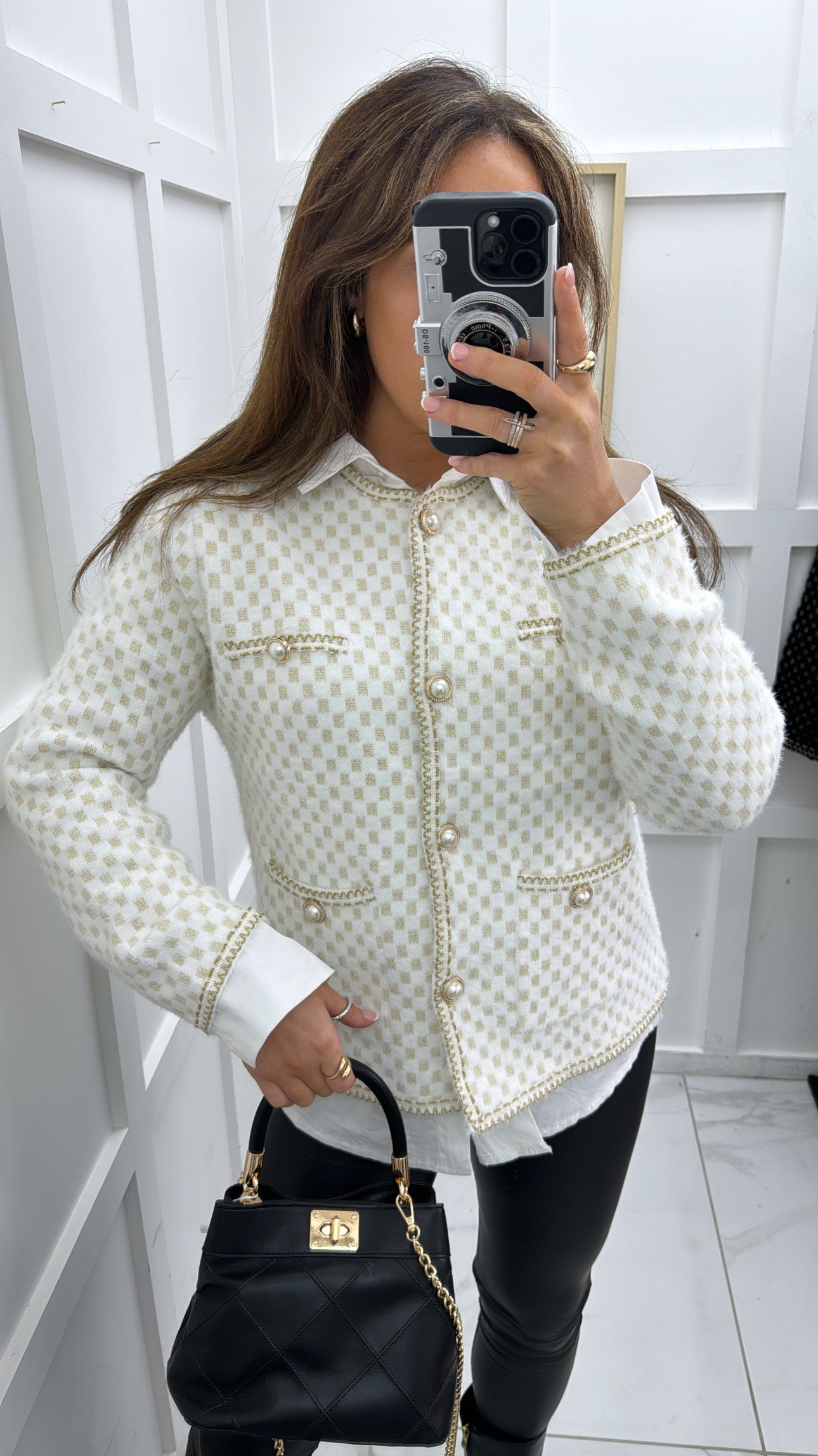 COCO white super soft cardigan with gold and pearl detail