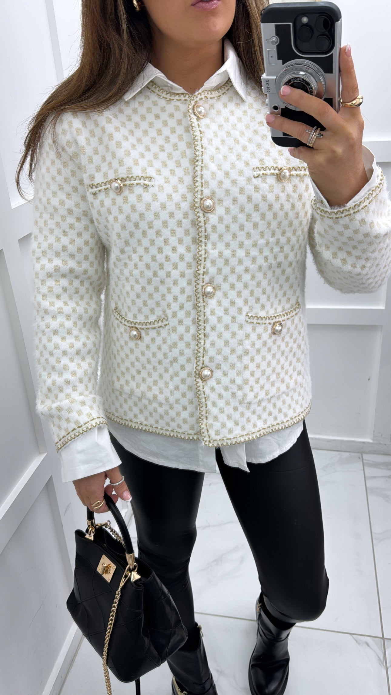 COCO white super soft cardigan with gold and pearl detail