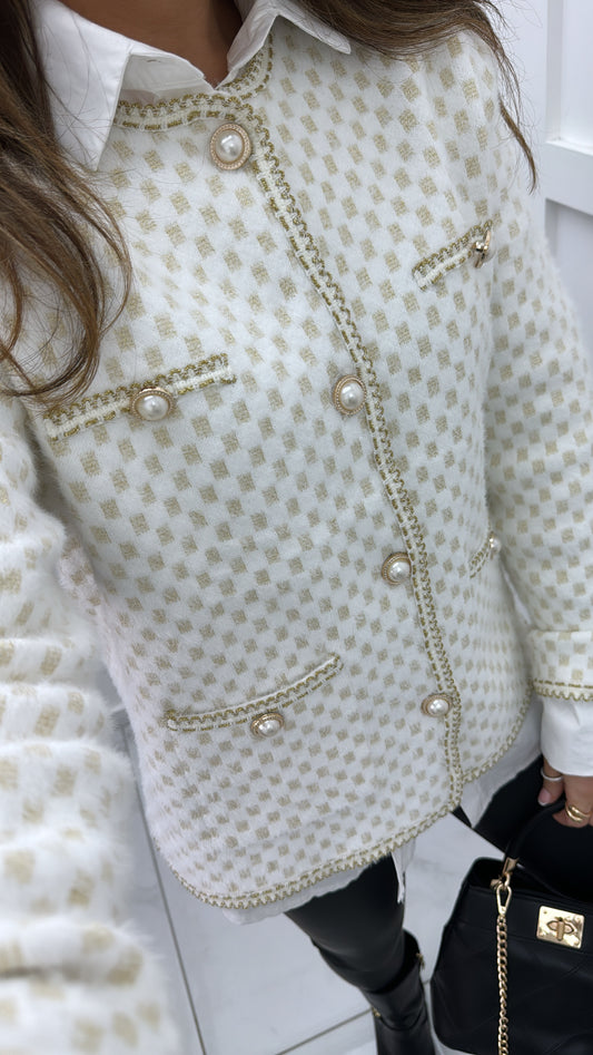 COCO white super soft cardigan with gold and pearl detail