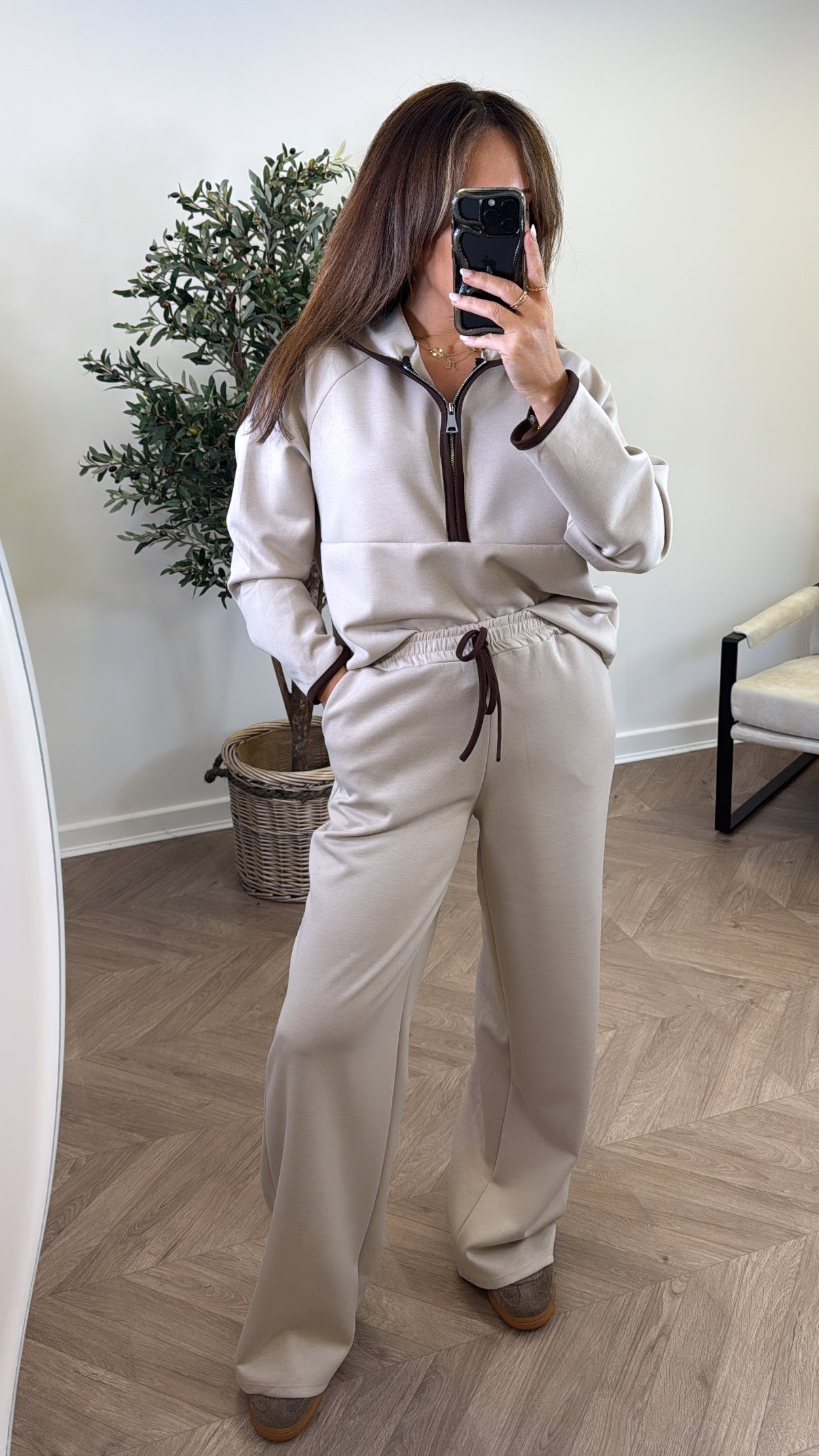 LIBERTY beige half zip hoody and trousers lounge set
