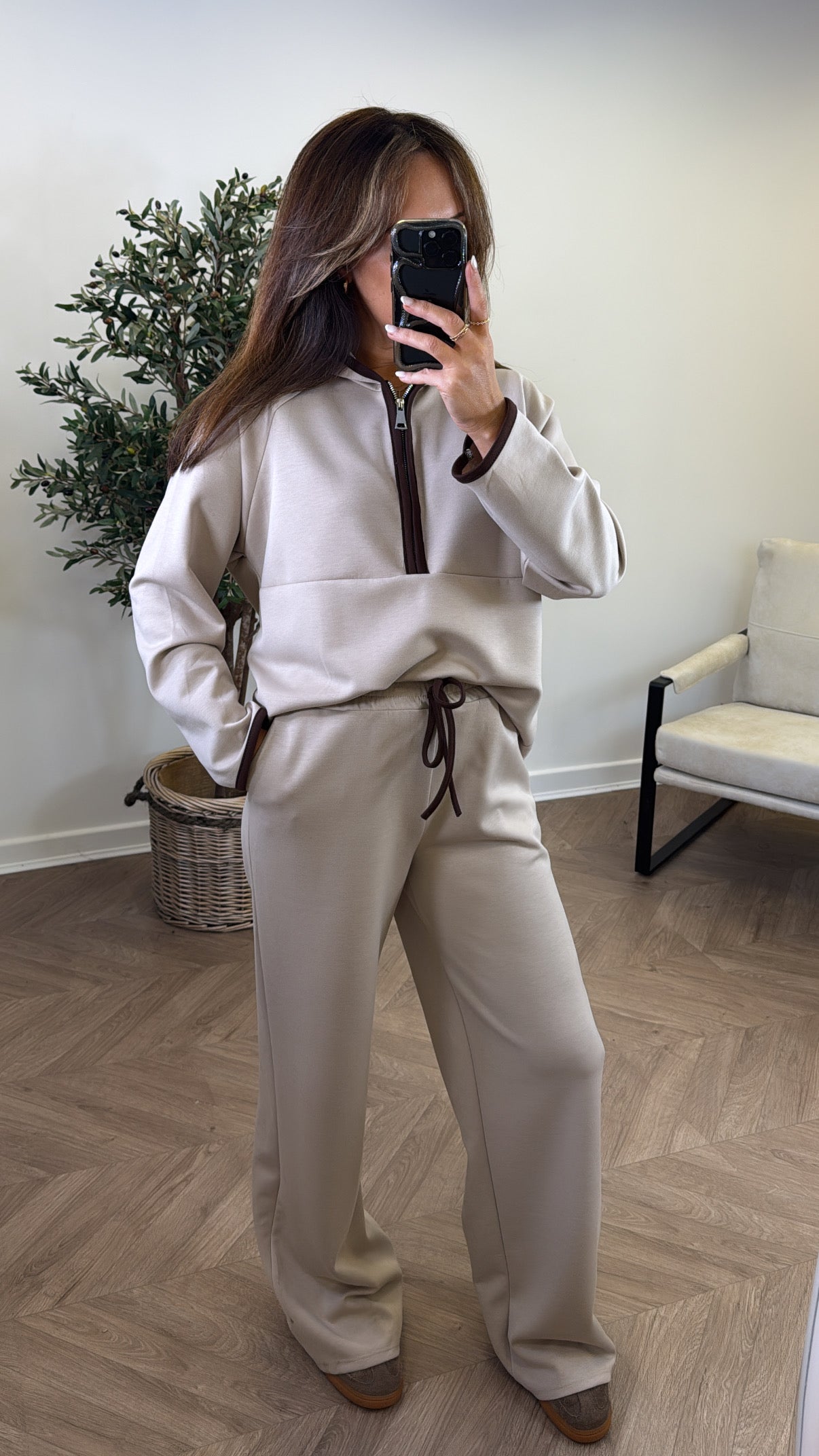 LIBERTY beige half zip hoody and trousers lounge set
