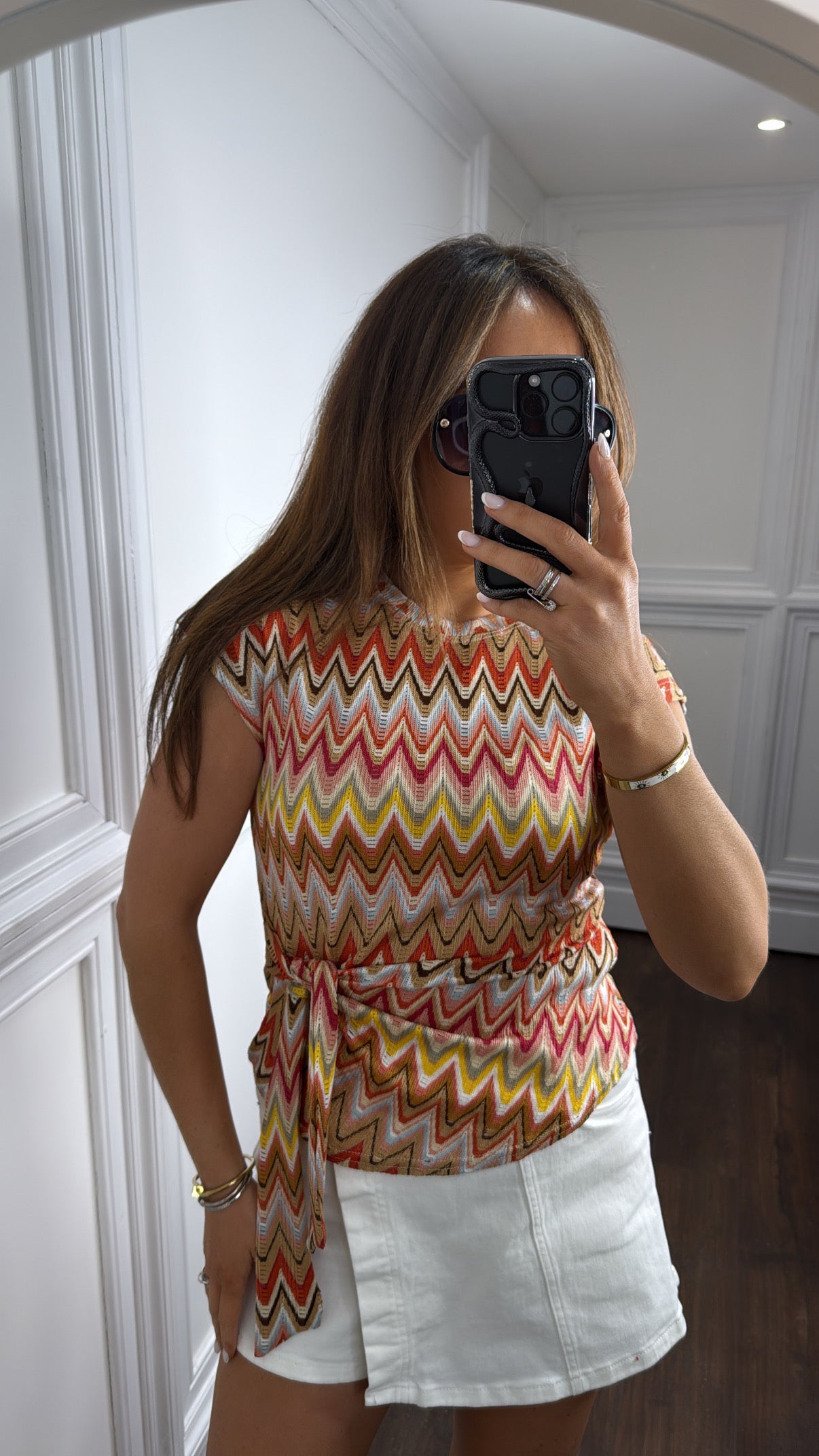 REMI orange multi zig zag tie top