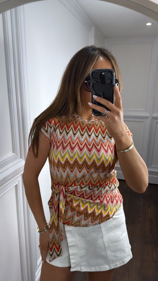 REMI orange multi zig zag tie top