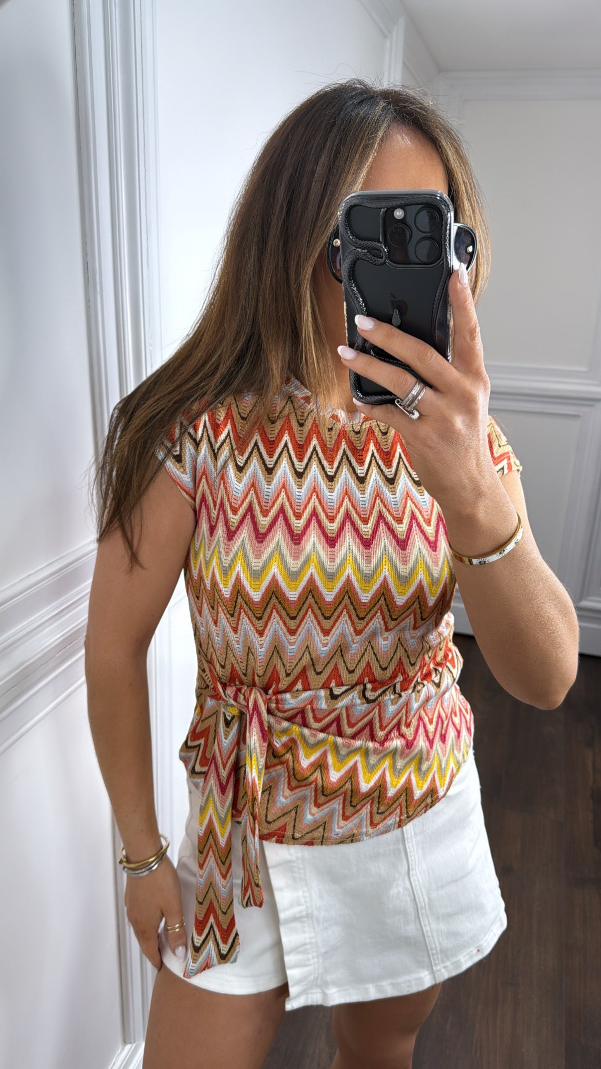 REMI orange multi zig zag tie top