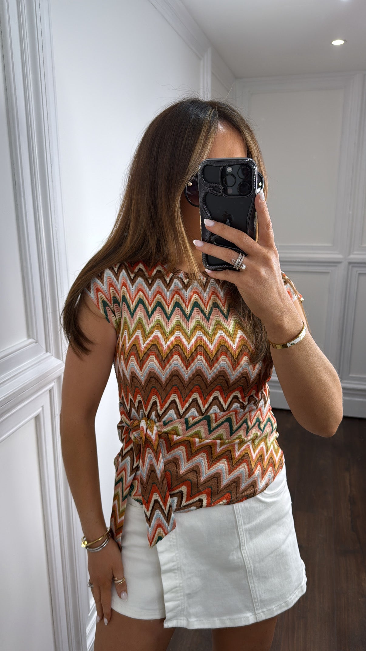 REMI brown multi zig zag tie top