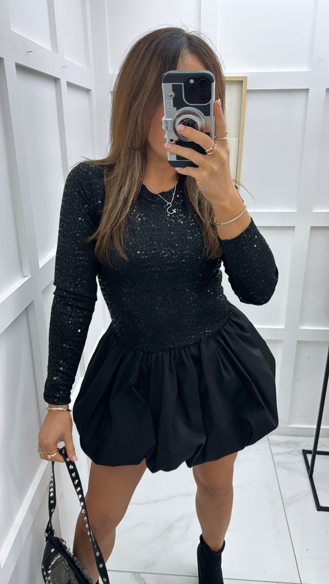 DIONNE black sequin puff ball dress