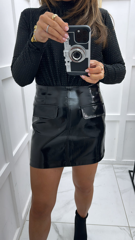 CLARISSA black vinyl look mini skirt