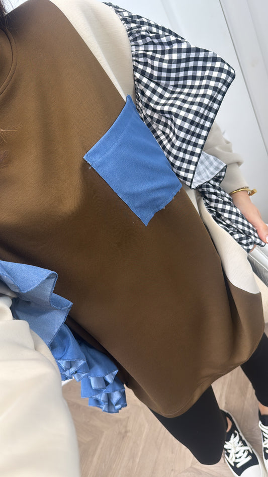 PAYTON brown sweatshirt with gingham frill sleeves