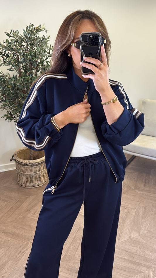 KYLIE navy side stripe jacket and joggers tracksuit