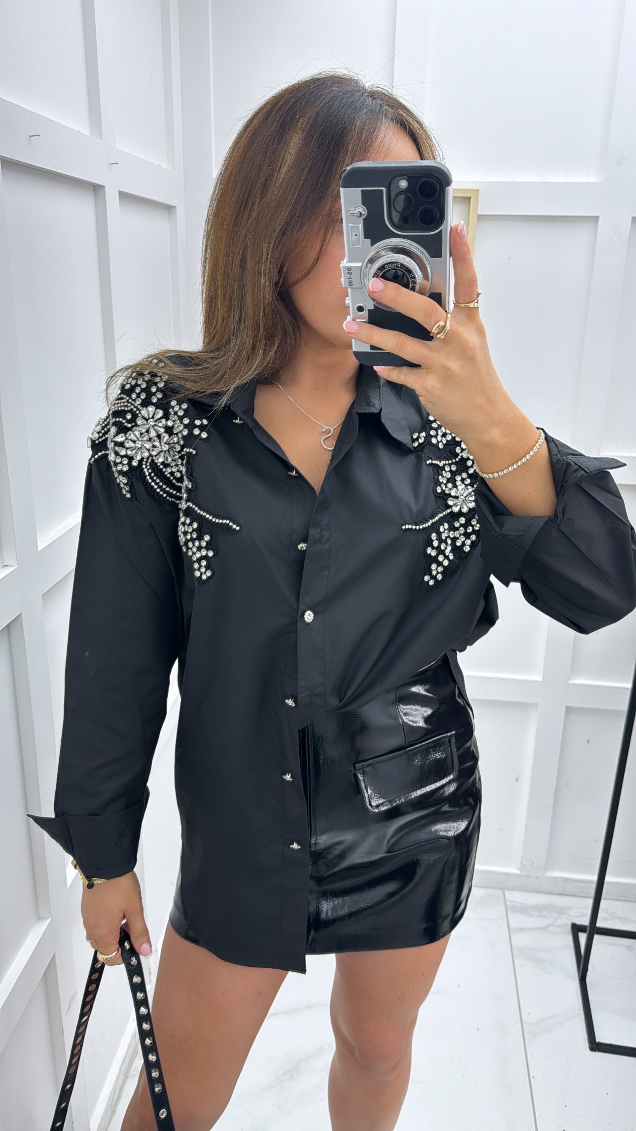 SASKIA black crystal embellished shirt