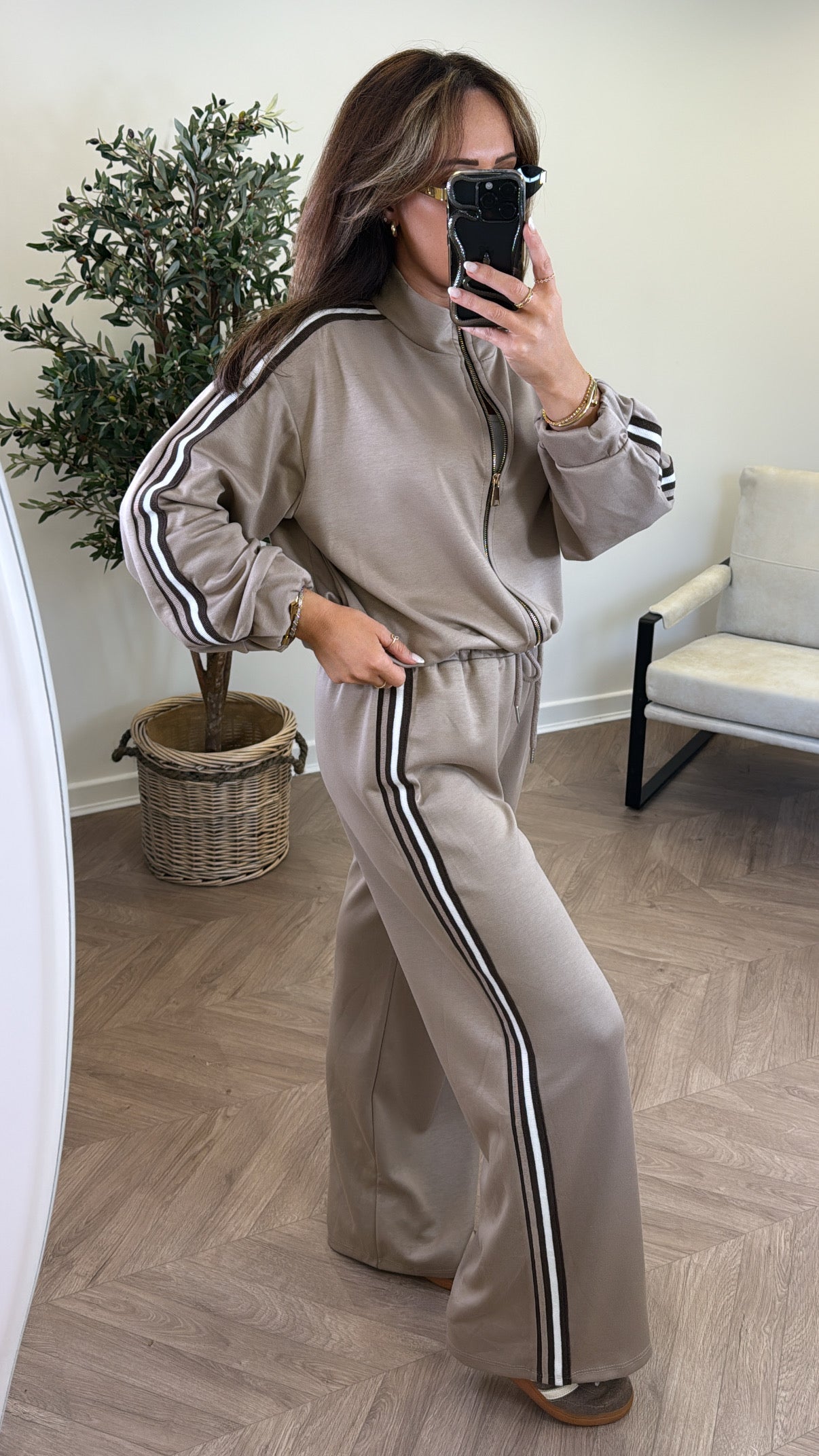 KYLIE mocha side stripe jacket and joggers tracksuit