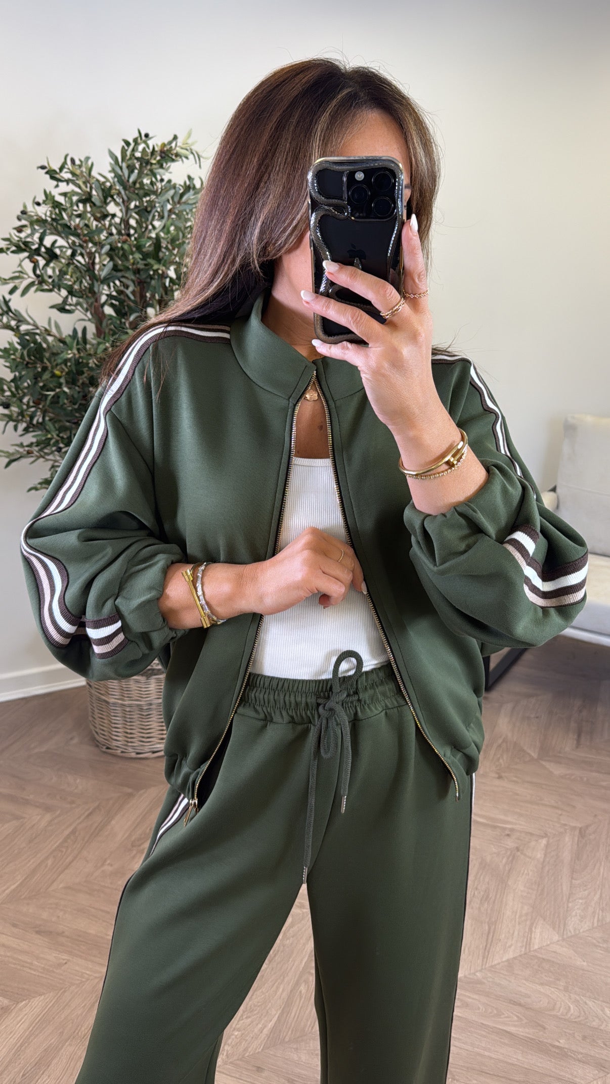 KYLIE khaki side stripe jacket and joggers tracksuit