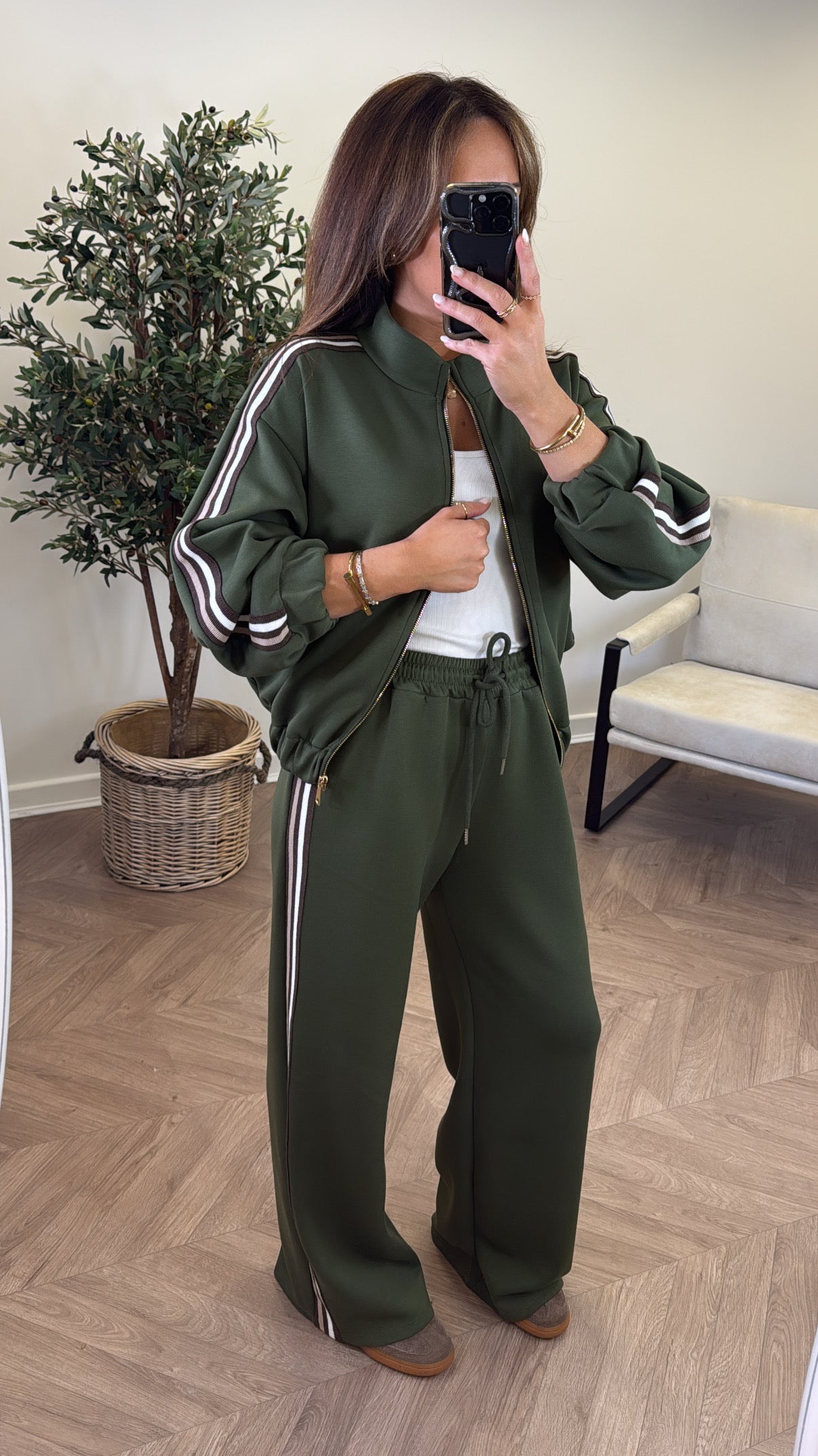 KYLIE khaki side stripe jacket and joggers tracksuit