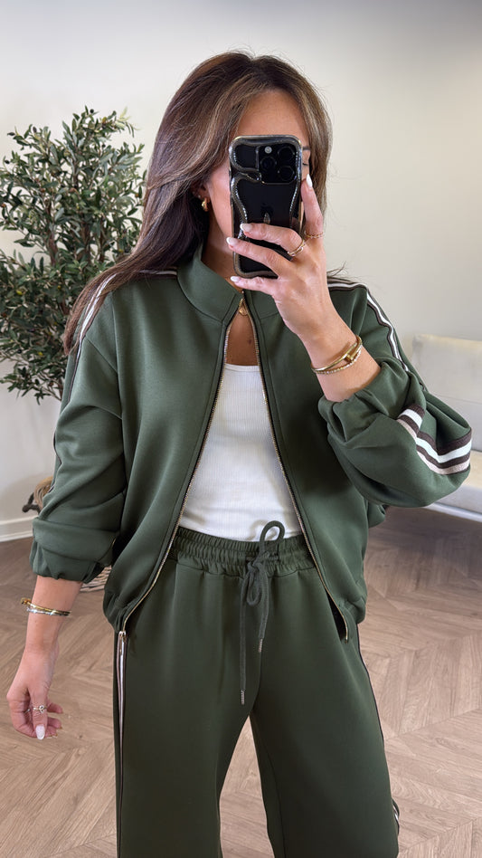KYLIE khaki side stripe jacket and joggers tracksuit