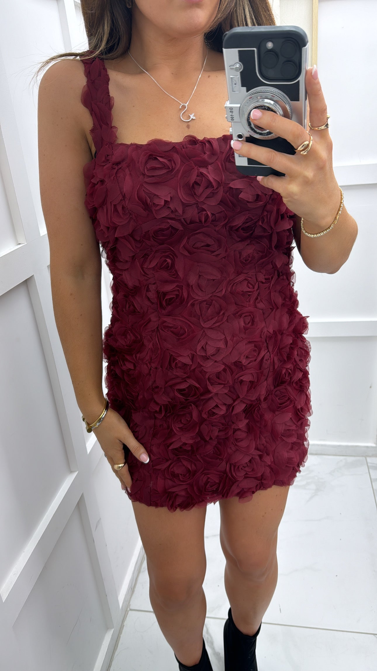 ARABELLA burgundy floral detail mini dress