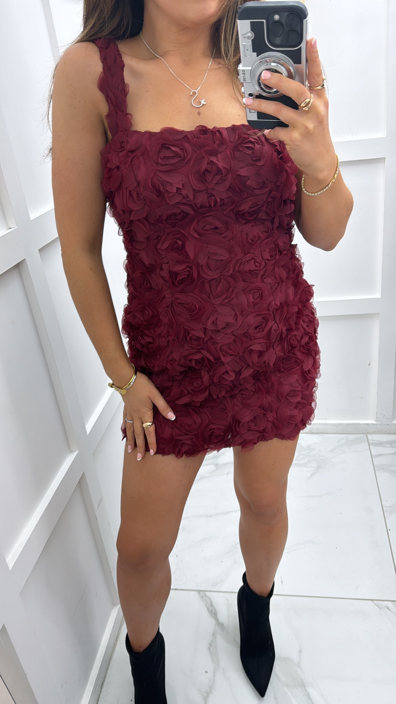 ARABELLA burgundy floral detail mini dress