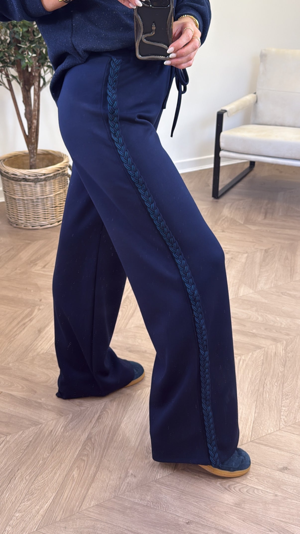 SASKIA navy braided detail soft cotton joggers