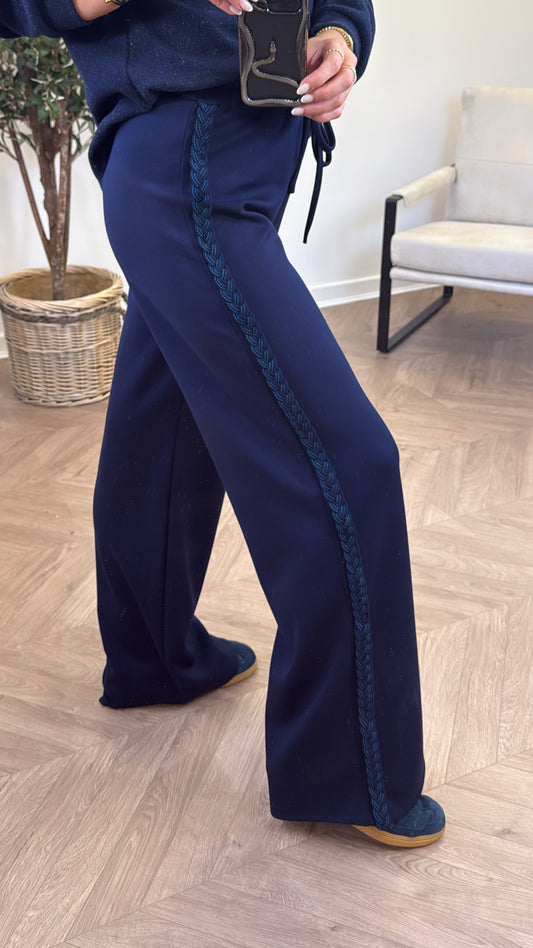 SASKIA navy braided detail soft cotton joggers