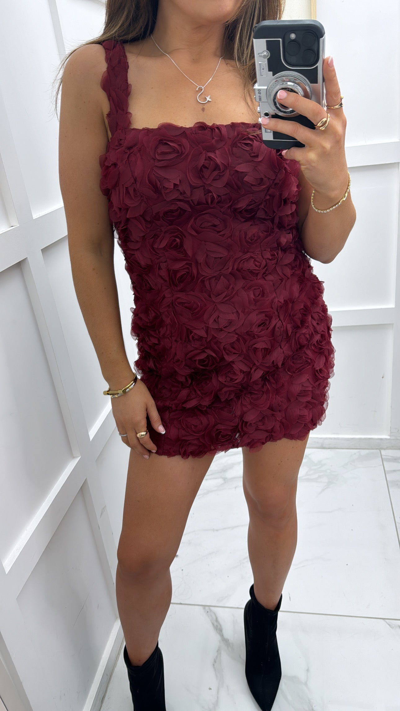 ARABELLA burgundy floral detail mini dress