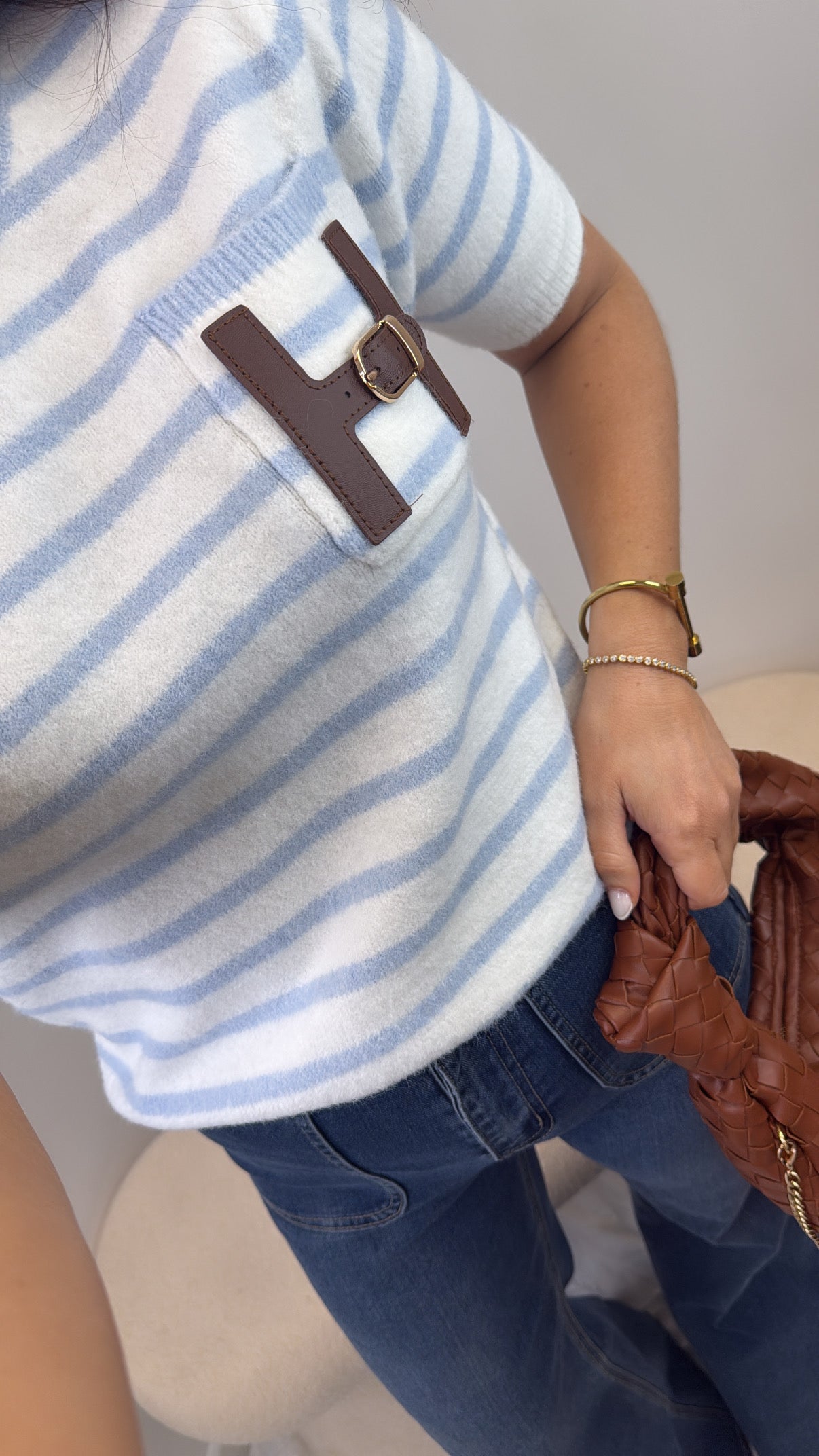 HARMONY blue and white soft knit top