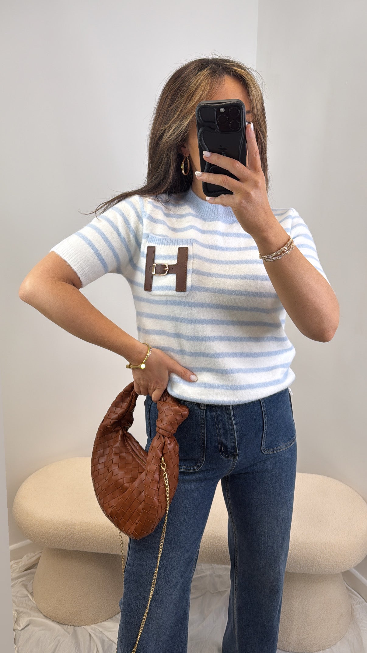 HARMONY blue and white soft knit top