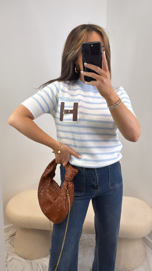 HARMONY blue and white soft knit top