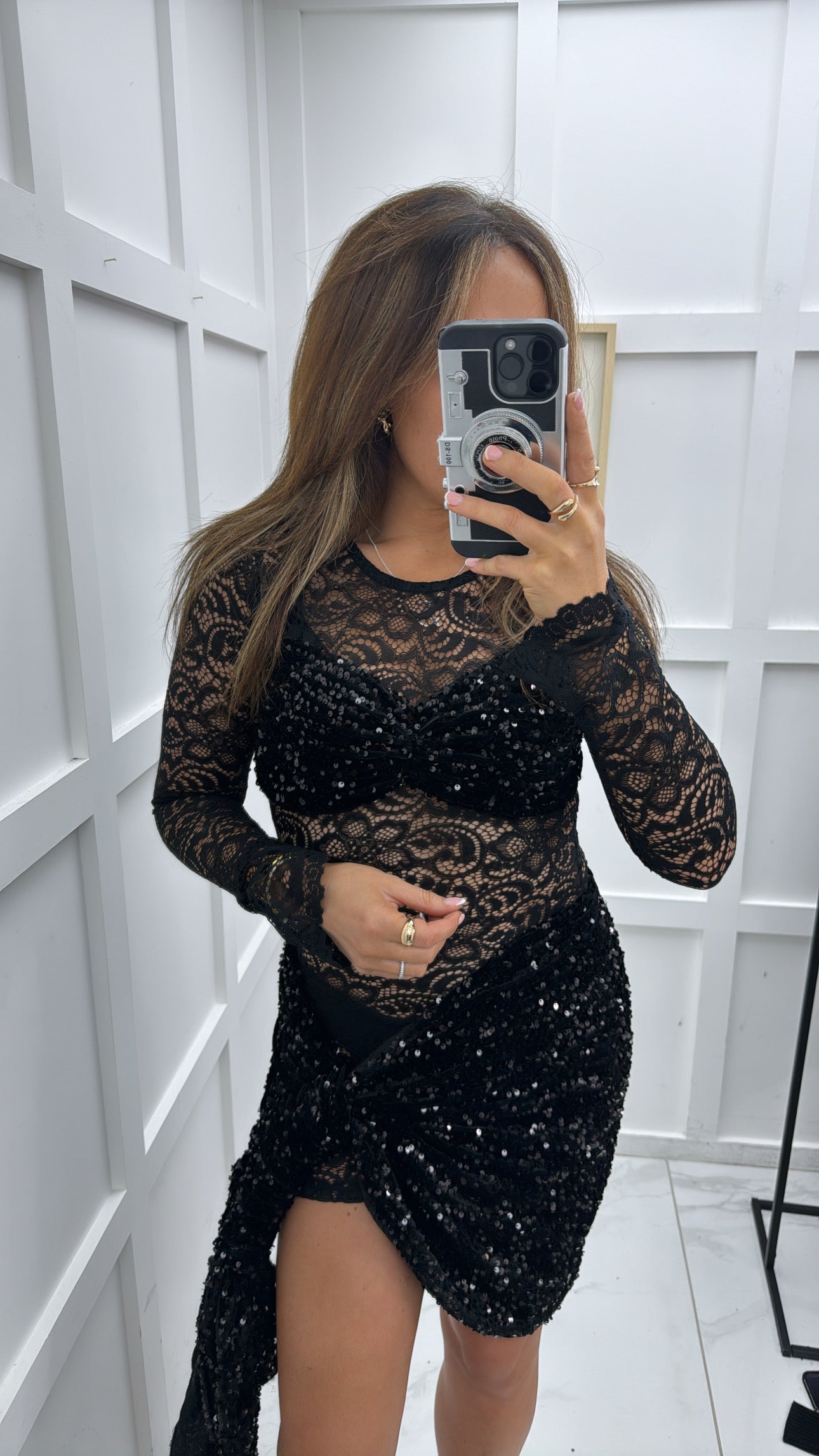 LAVERNE black lace dress with sequin detail