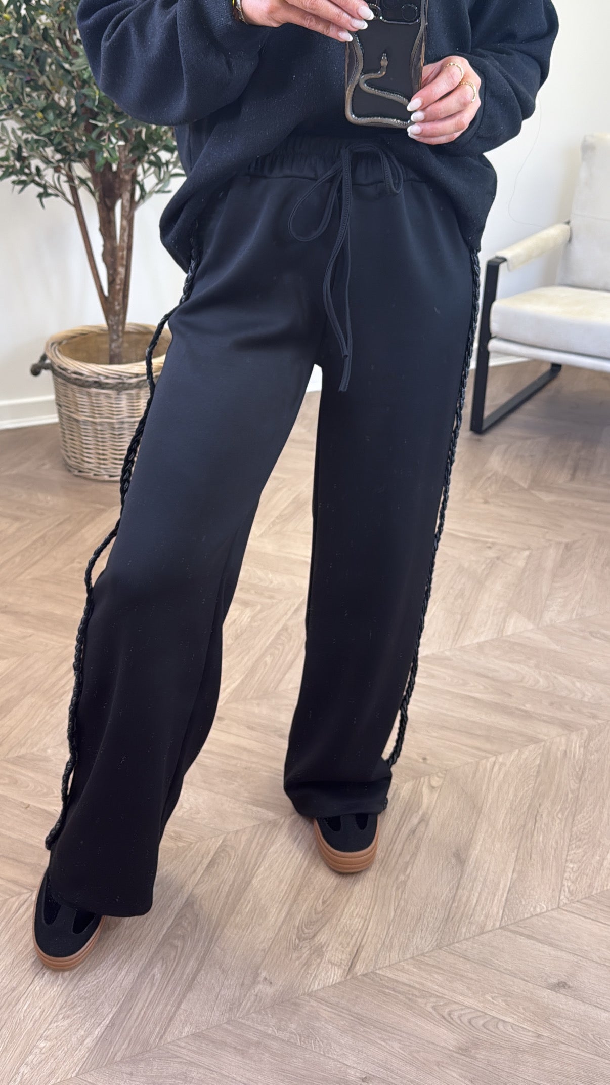 SASKIA black braided detail soft cotton joggers