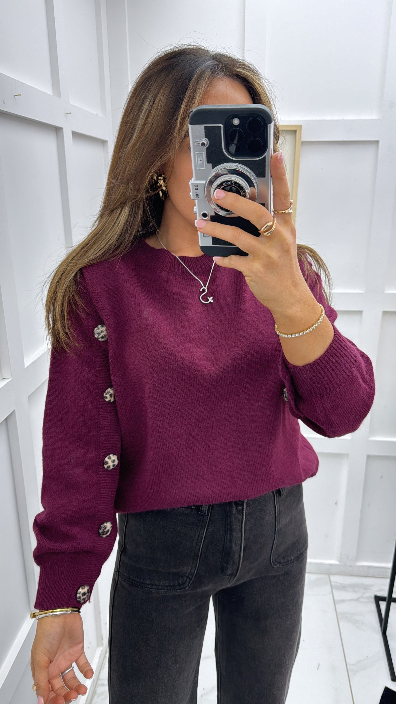 LAYLA plum soft knit jumper with button detail