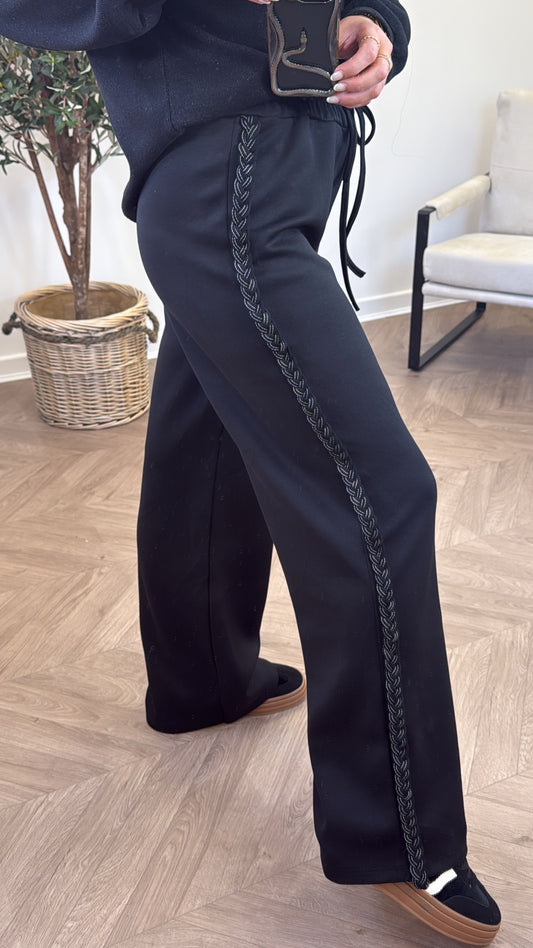 SASKIA black braided detail soft cotton joggers