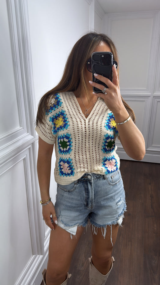 CONNIE cream and blue crochet top