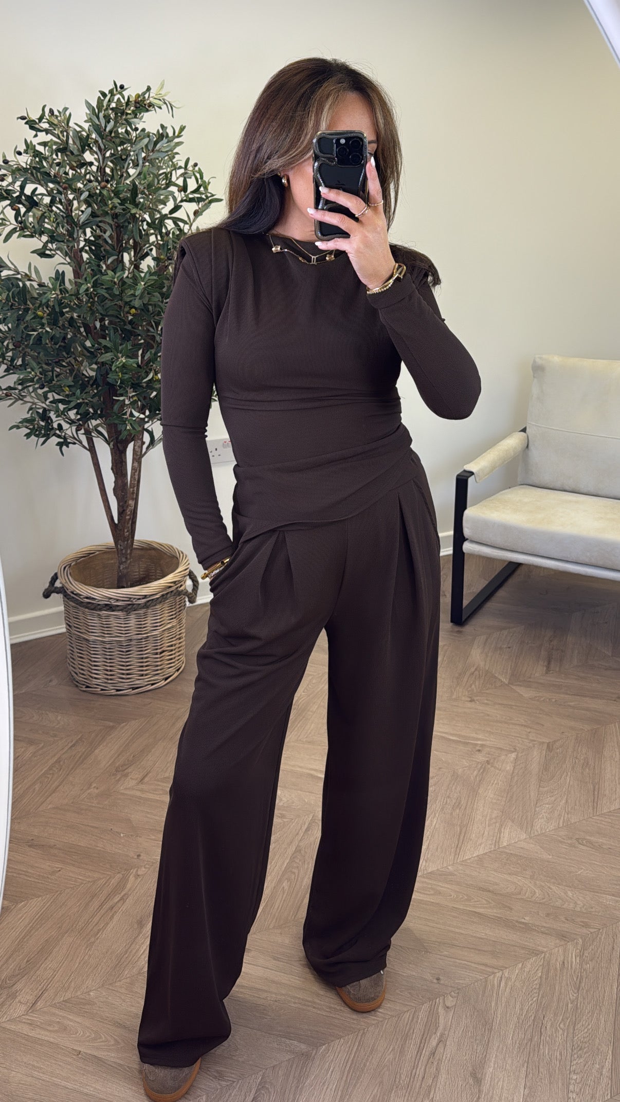 TASHA brown asymmetric long sleeve top and trousers co-ord