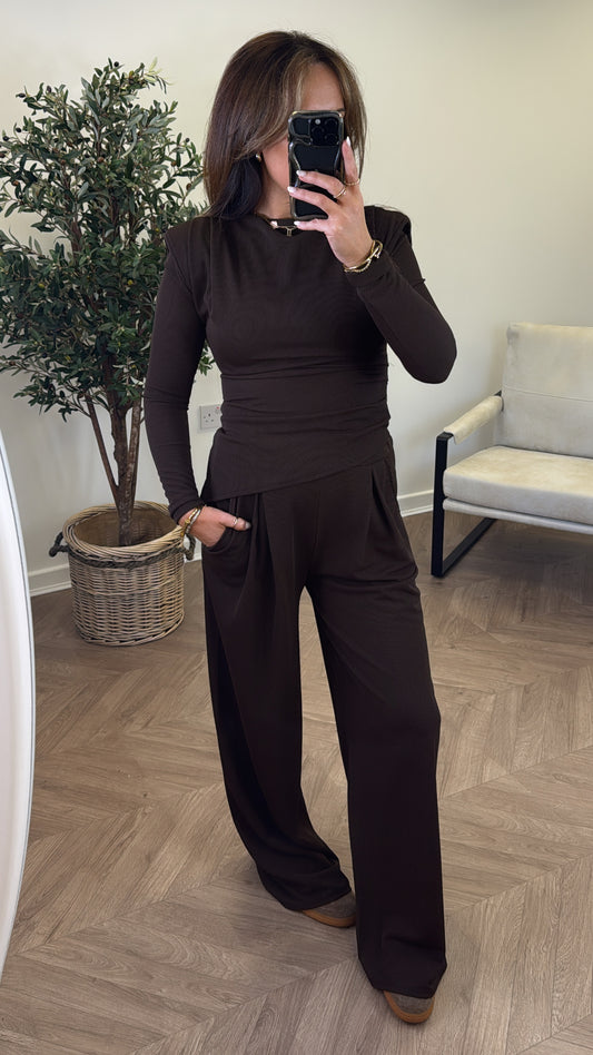 TASHA brown asymmetric long sleeve top and trousers co-ord