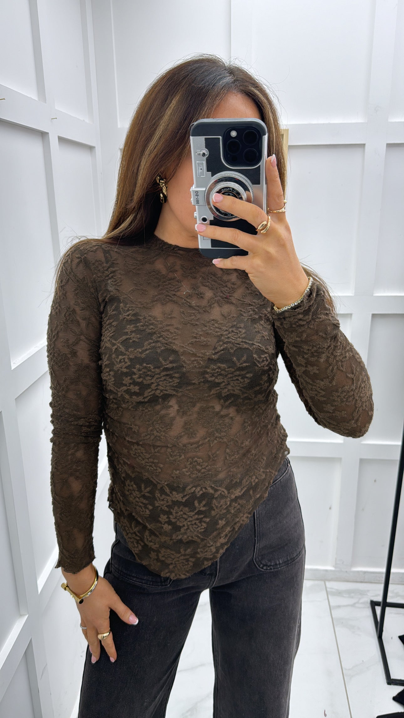 LANI brown lace asymmetrical top