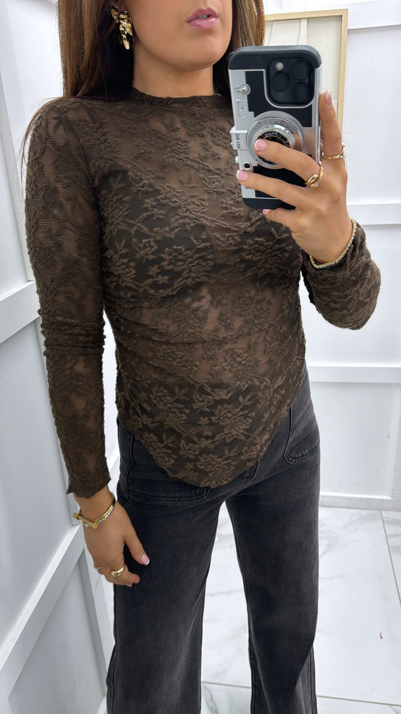 LANI brown lace asymmetrical top