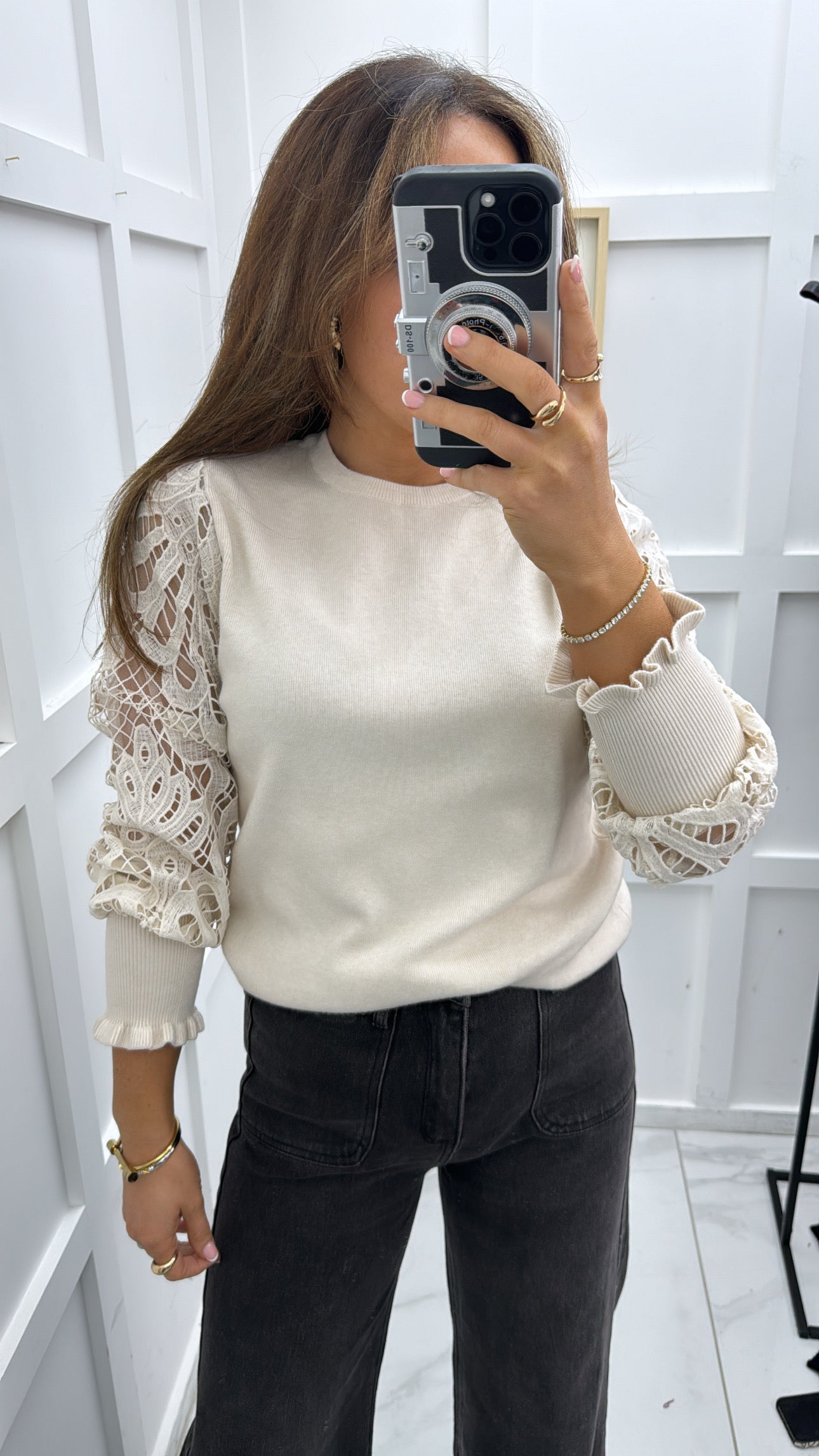 LARA cream crochet sleeve fine knit jumper