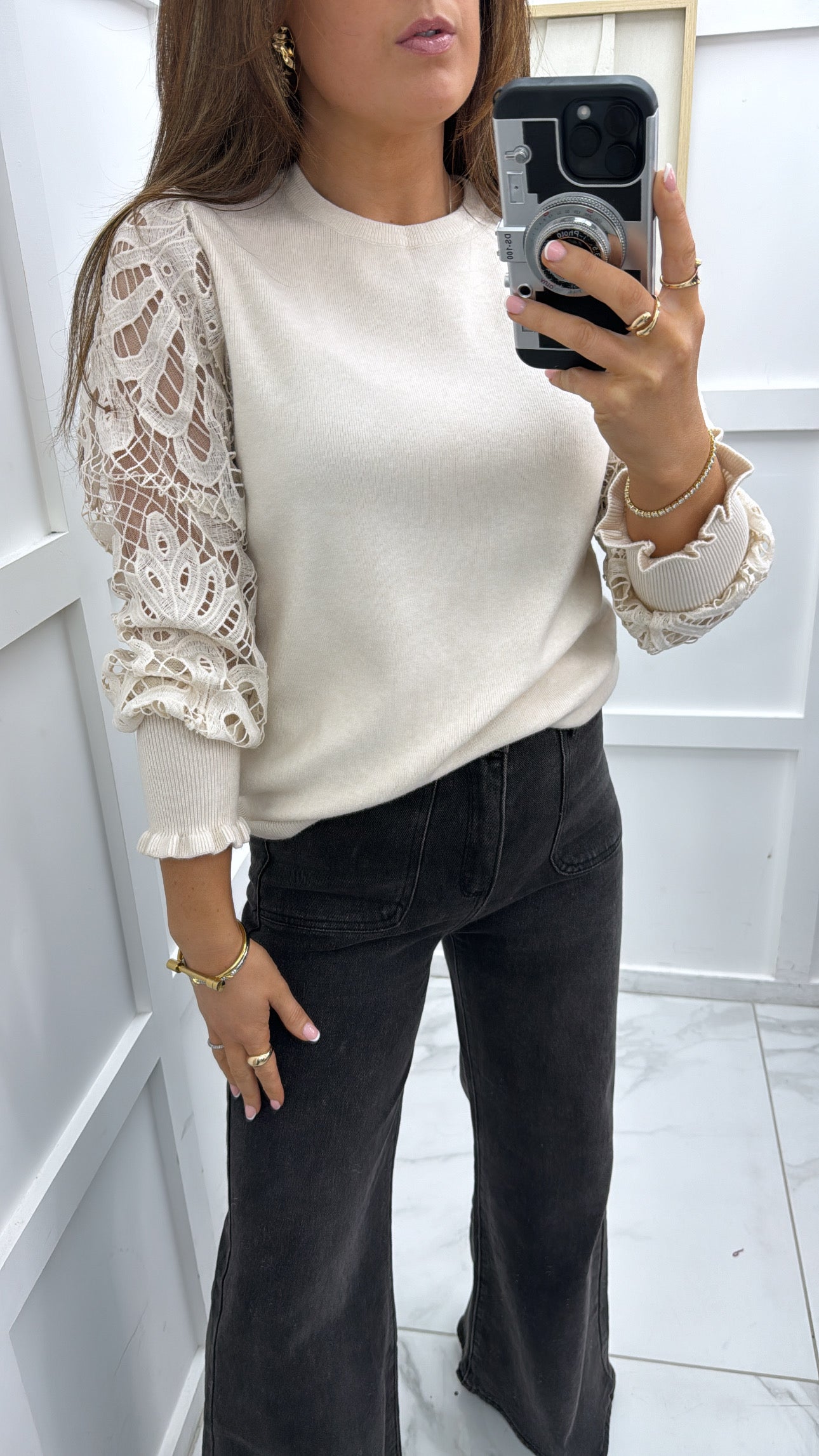 LARA cream crochet sleeve fine knit jumper