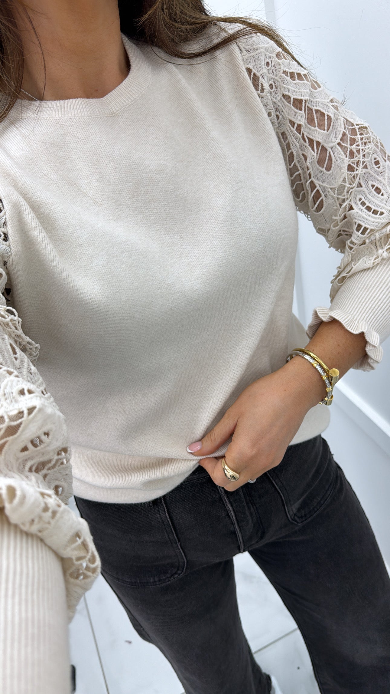 LARA cream crochet sleeve fine knit jumper