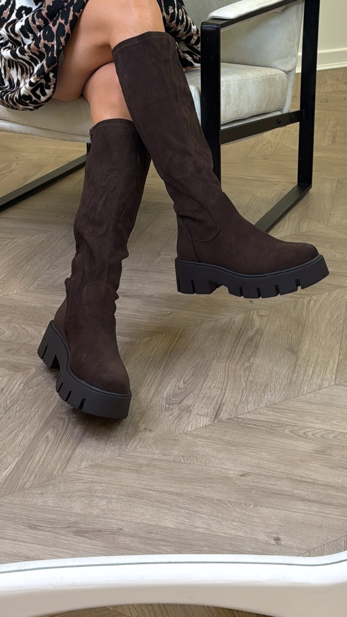HEIDI brown faux suede chunky sole knee boots