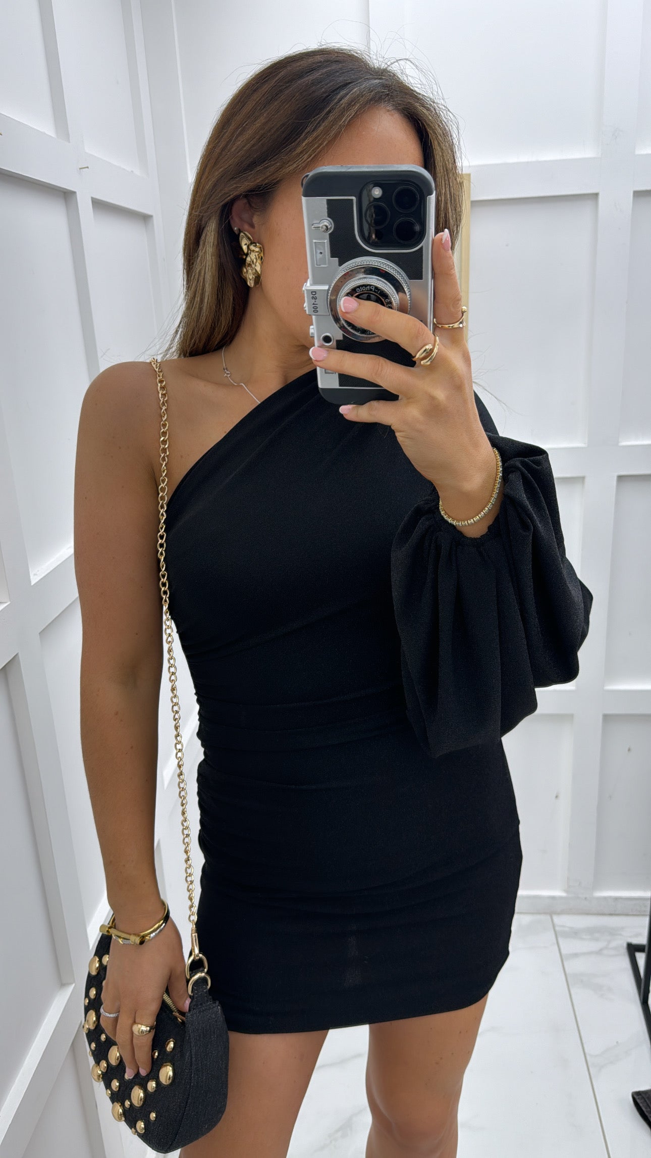 ANNALISE black one shoulder lurex dress