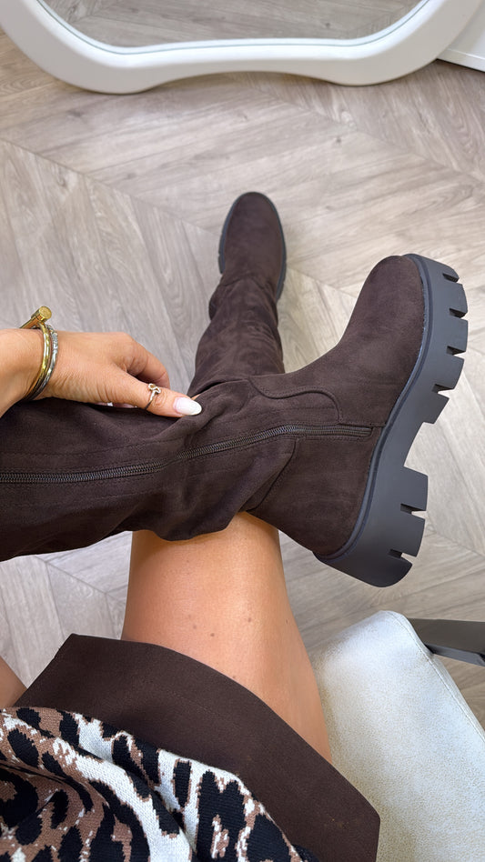 HEIDI brown faux suede chunky sole knee boots