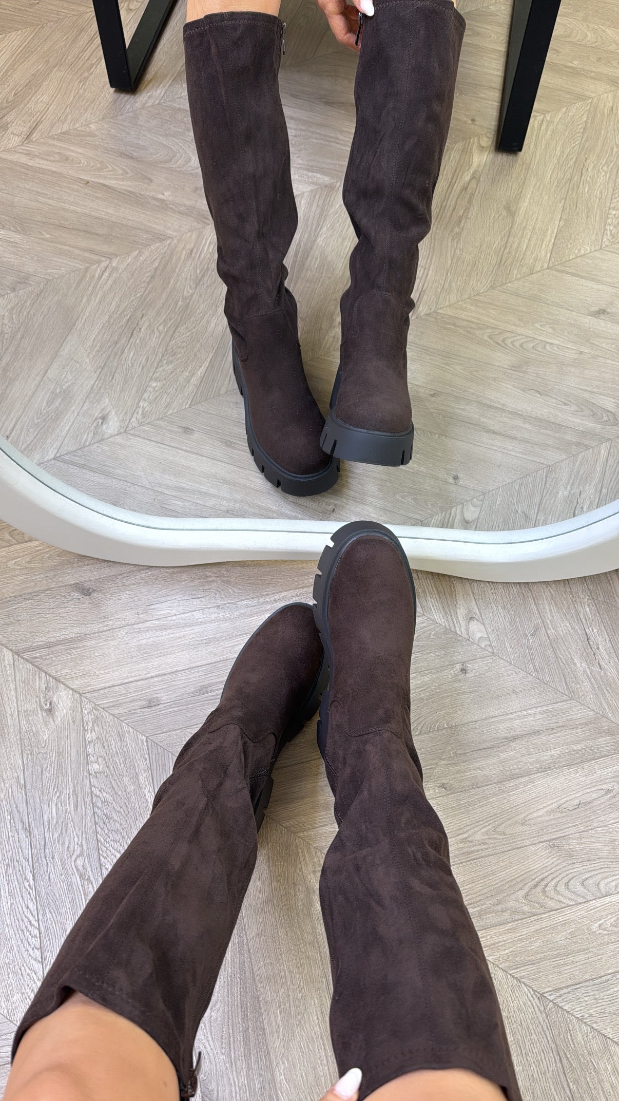 HEIDI brown faux suede chunky sole knee boots