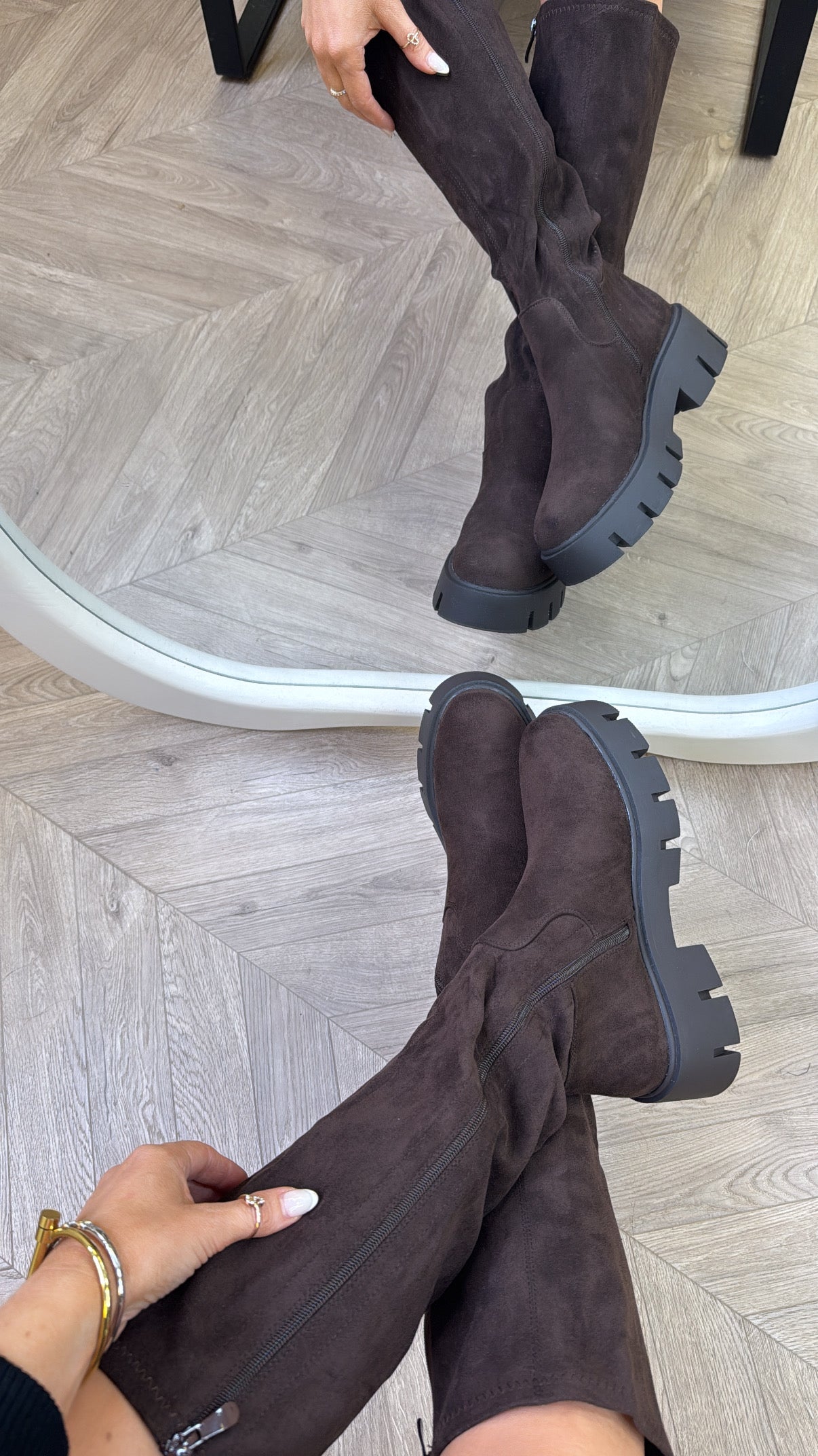 HEIDI brown faux suede chunky sole knee boots