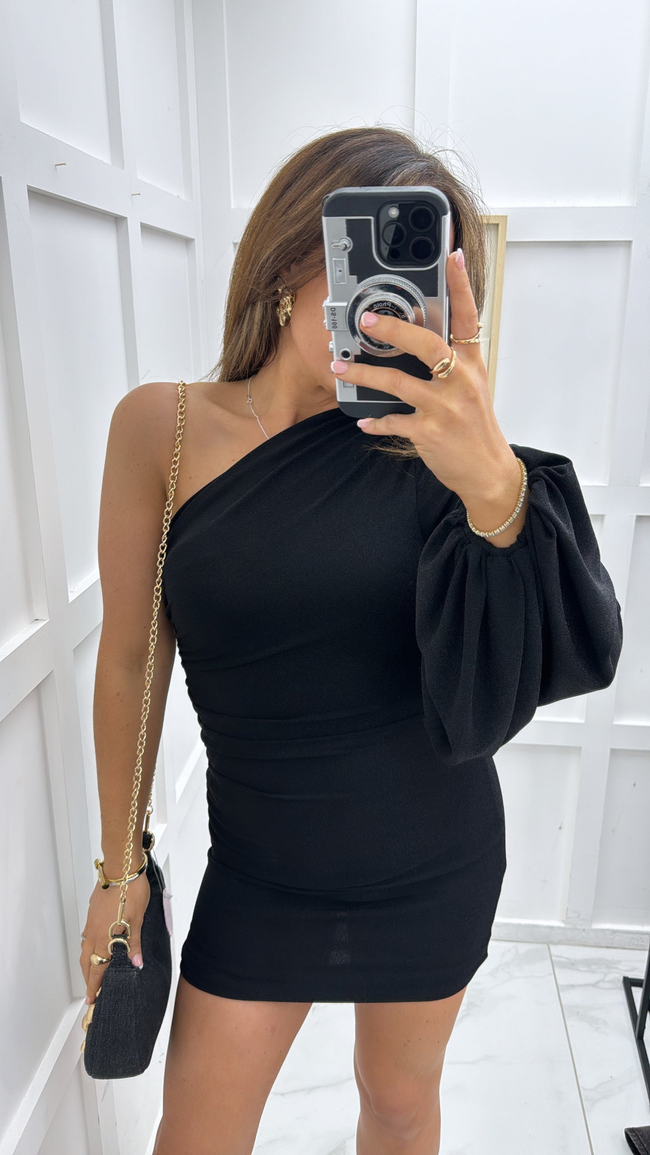 ANNALISE black one shoulder lurex dress