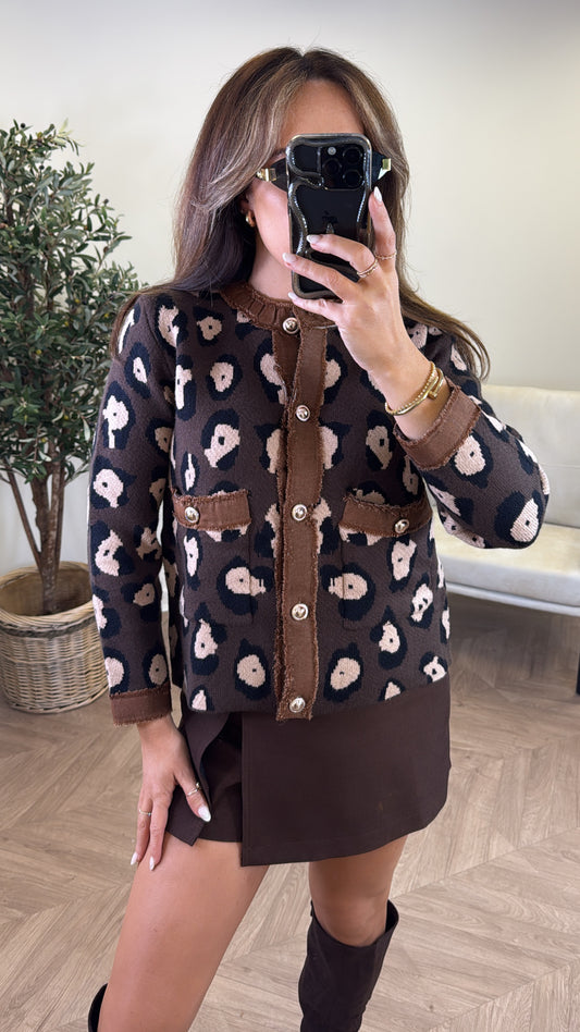 KENDELL brown leopard gold button knitted cardigan