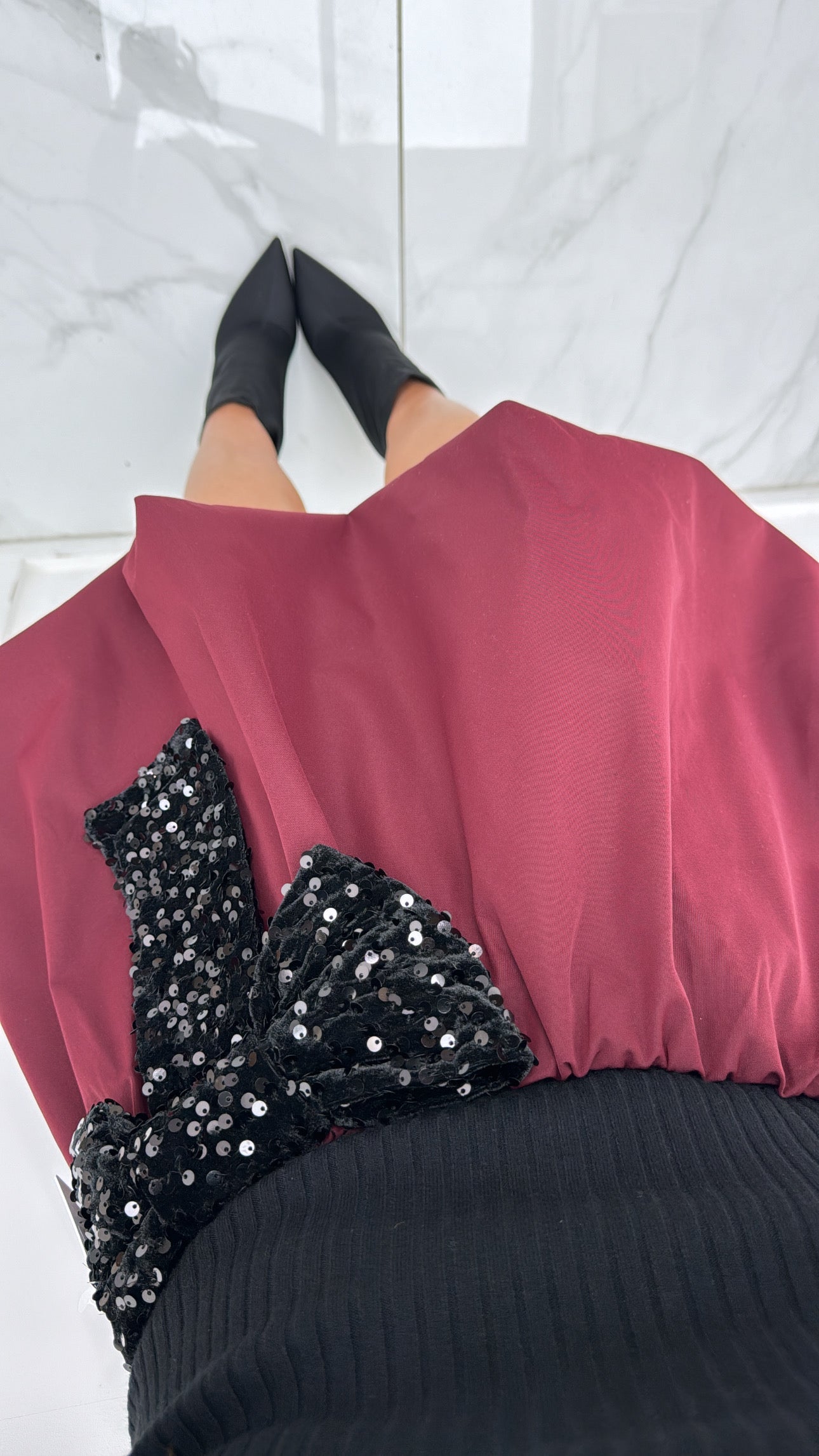 KLAUDINE burgundy puff ball skirt with black sequin bow