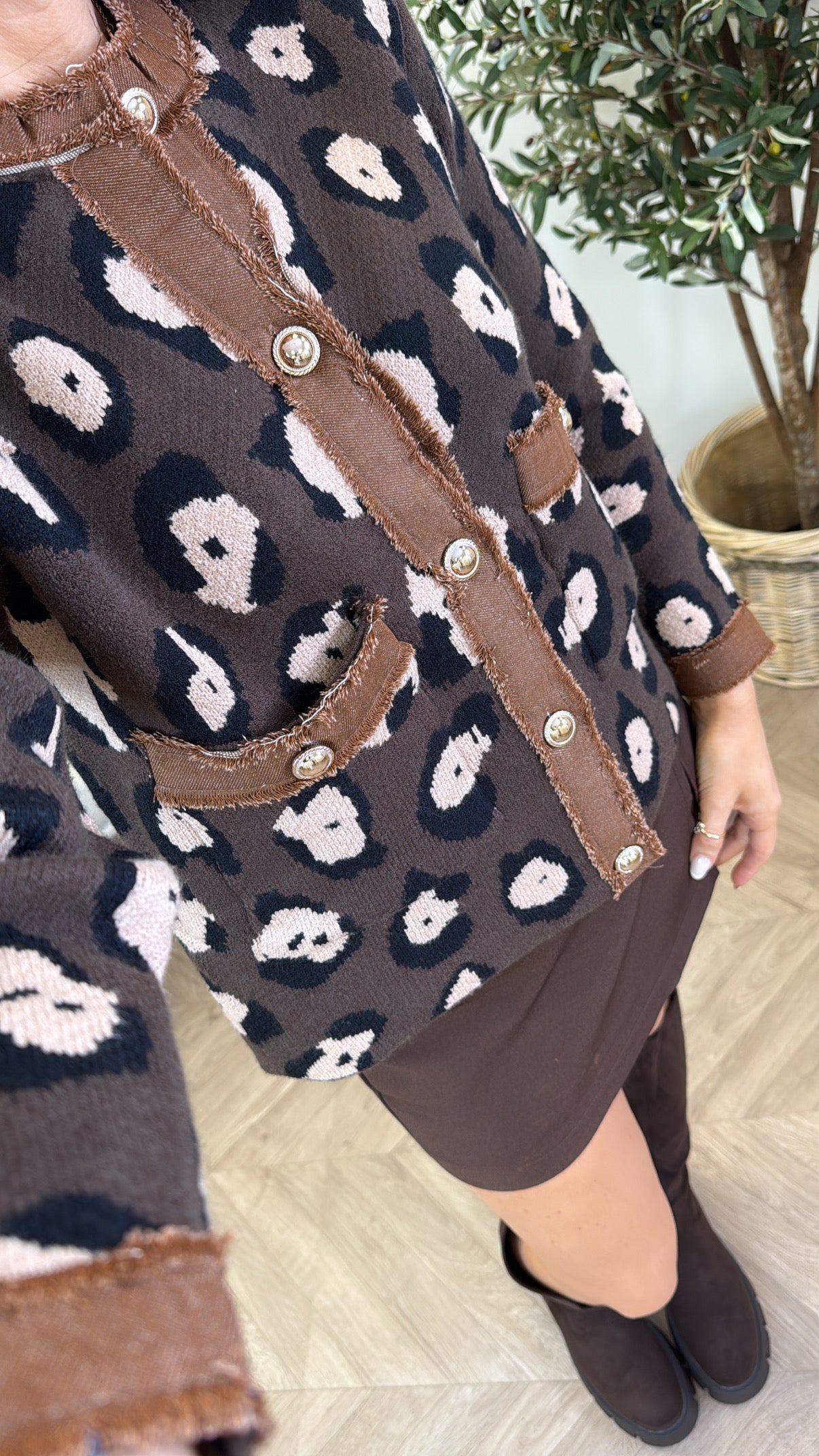 KENDELL brown leopard gold button knitted cardigan