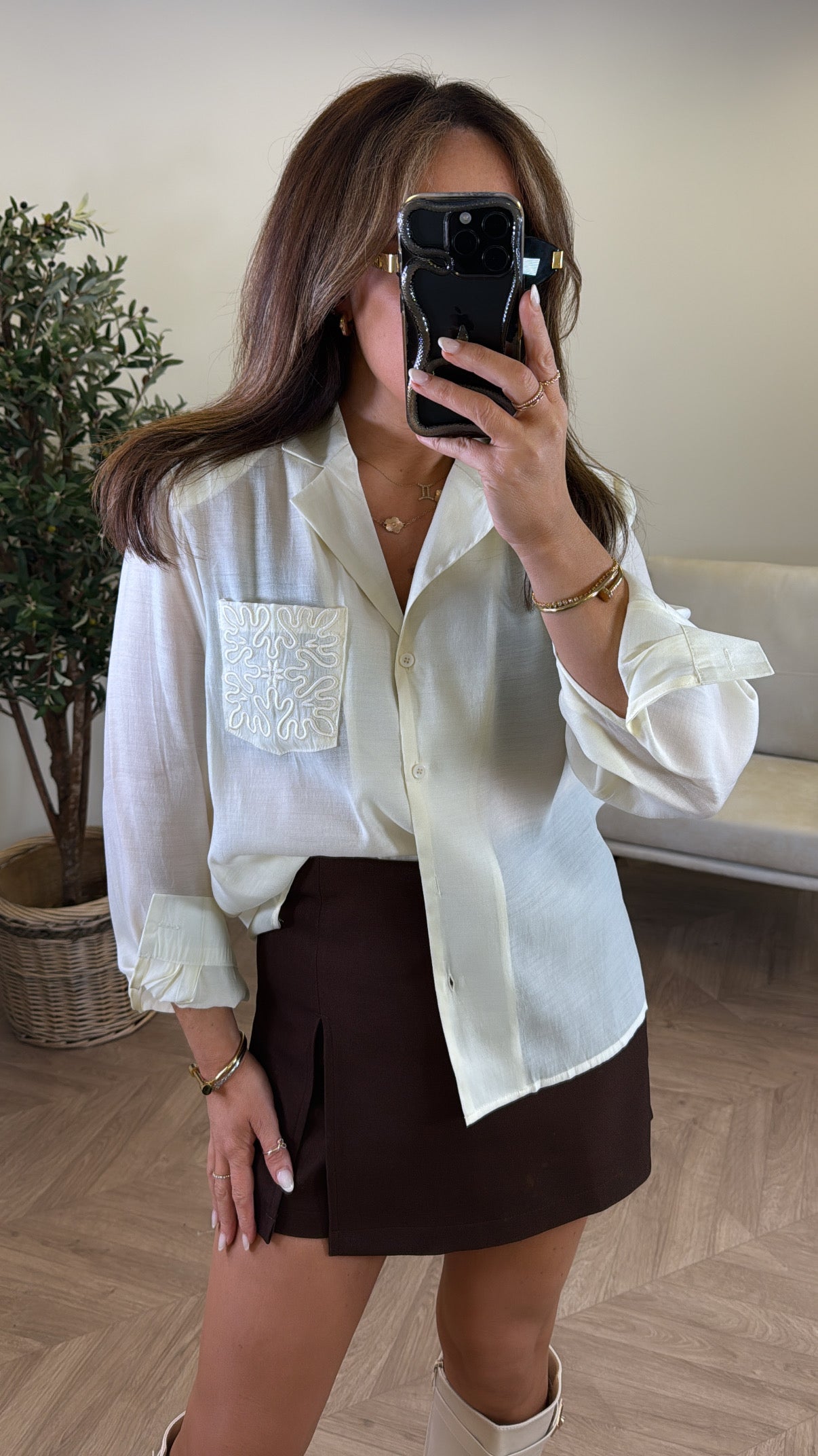 LORA cream semi sheer embroidered shirt with shoulder pads