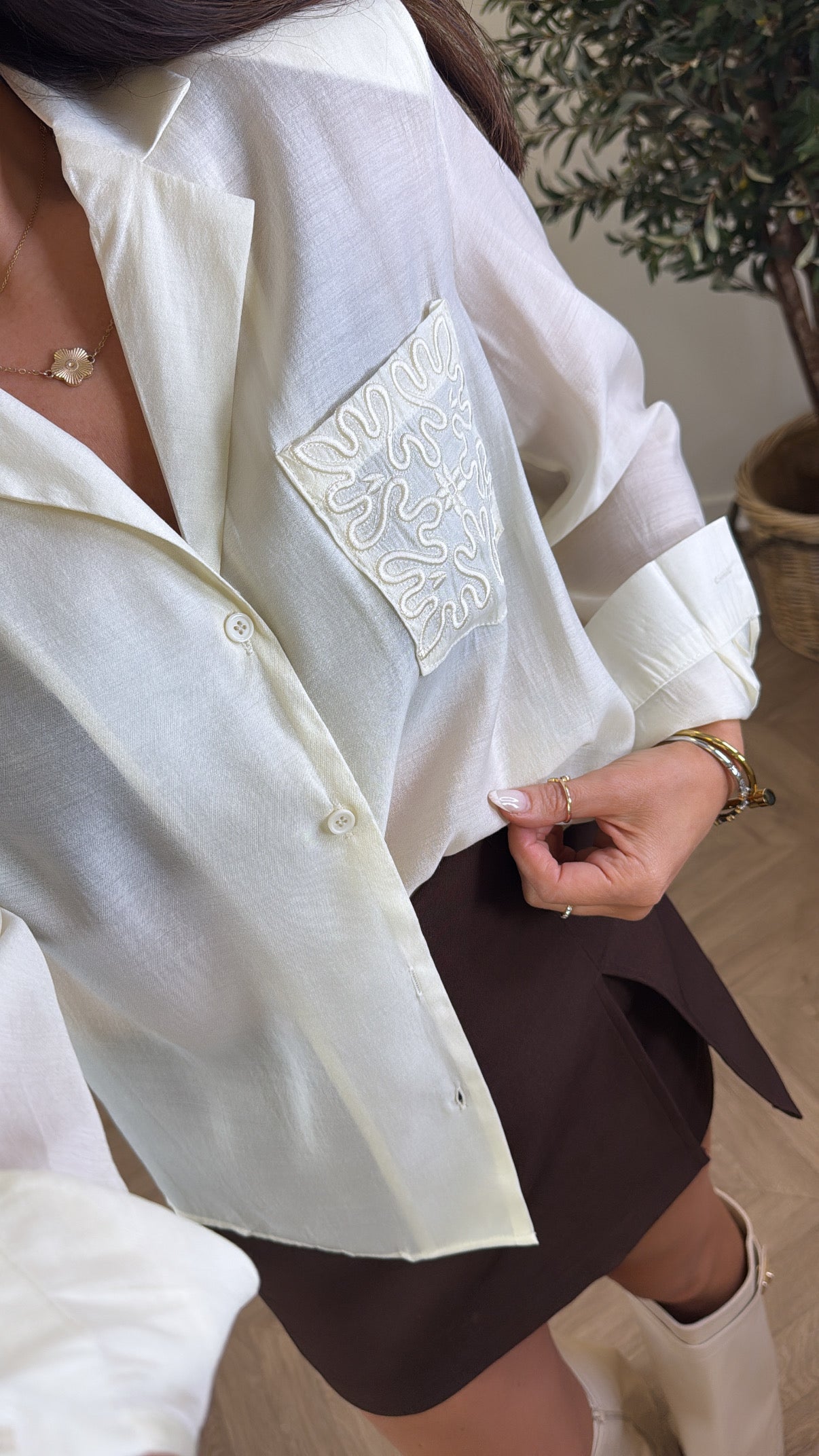 LORA cream semi sheer embroidered shirt with shoulder pads
